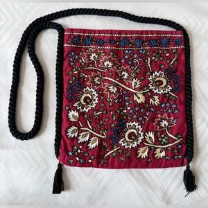 J. Crew Red Floral Embroidered Crossbody Bag Cotton Fabric Braided Strap Flower